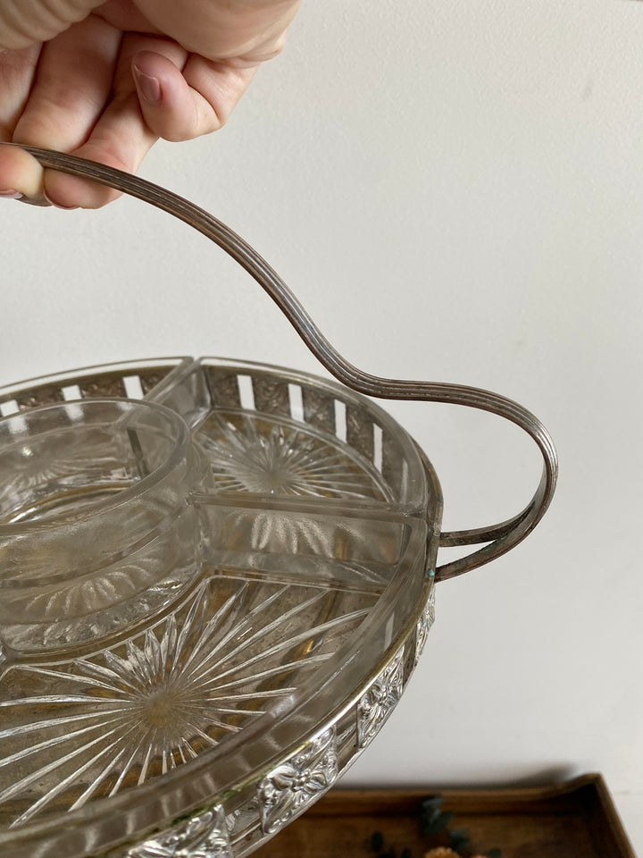 Plateau de service en métal argenté avec compartiments en verre années 30