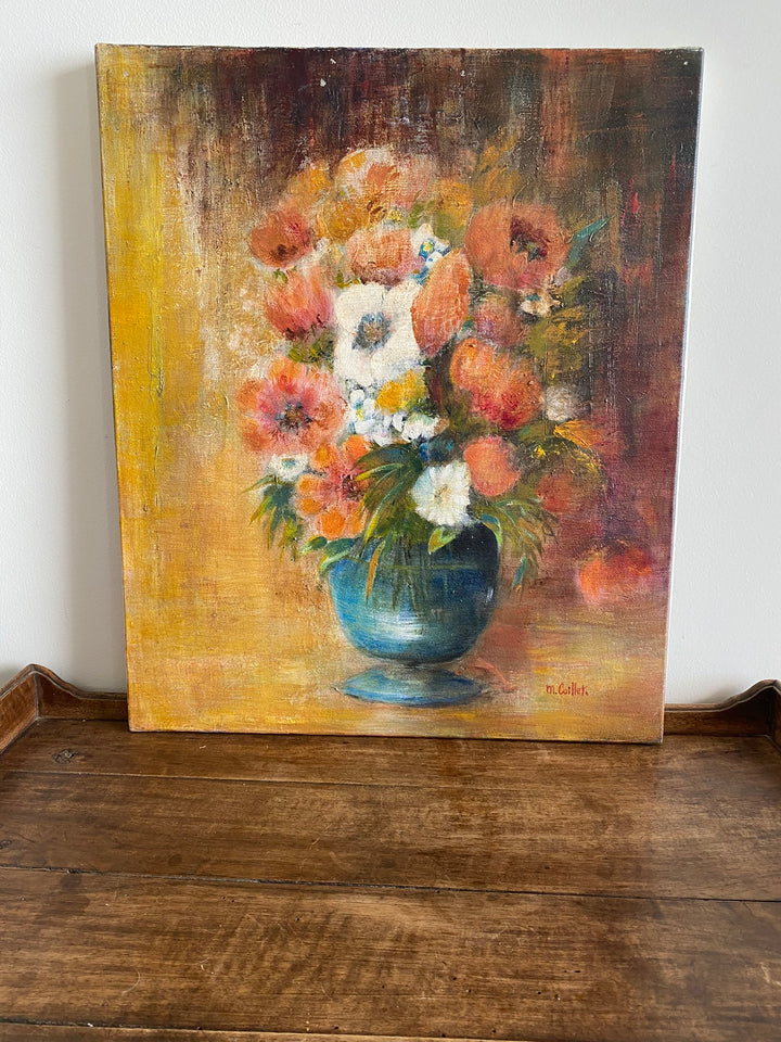 Tableau bouquet de fleurs fond orangé signé M.Caillet