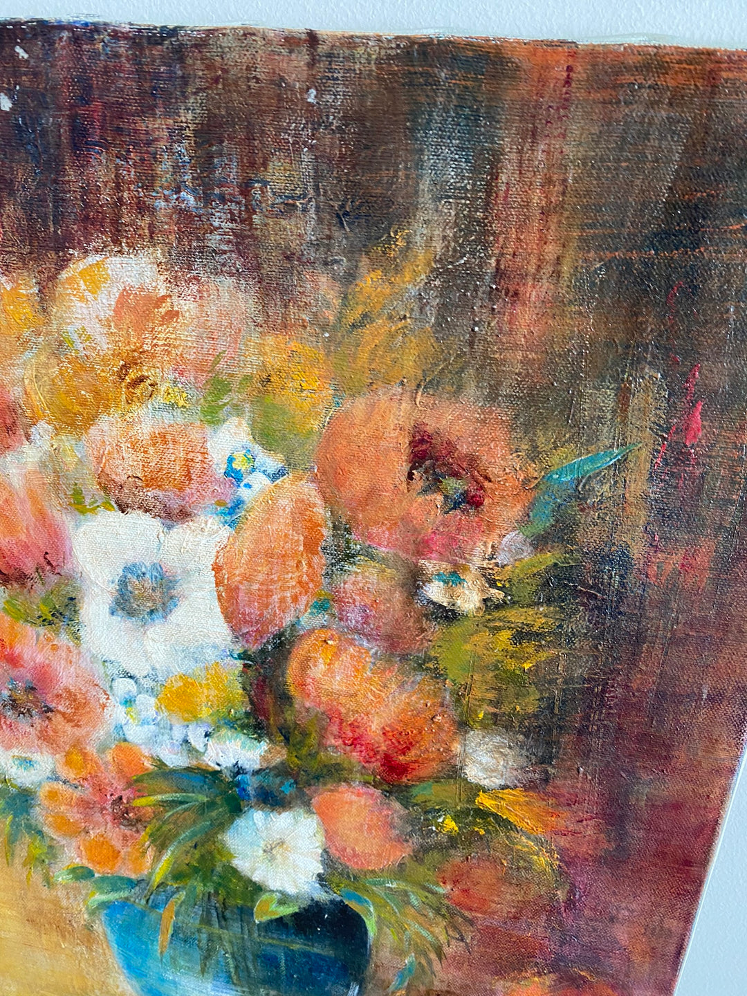 Tableau bouquet de fleurs fond orangé signé M.Caillet