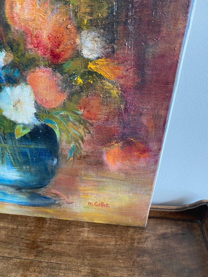 Tableau bouquet de fleurs fond orangé signé M.Caillet
