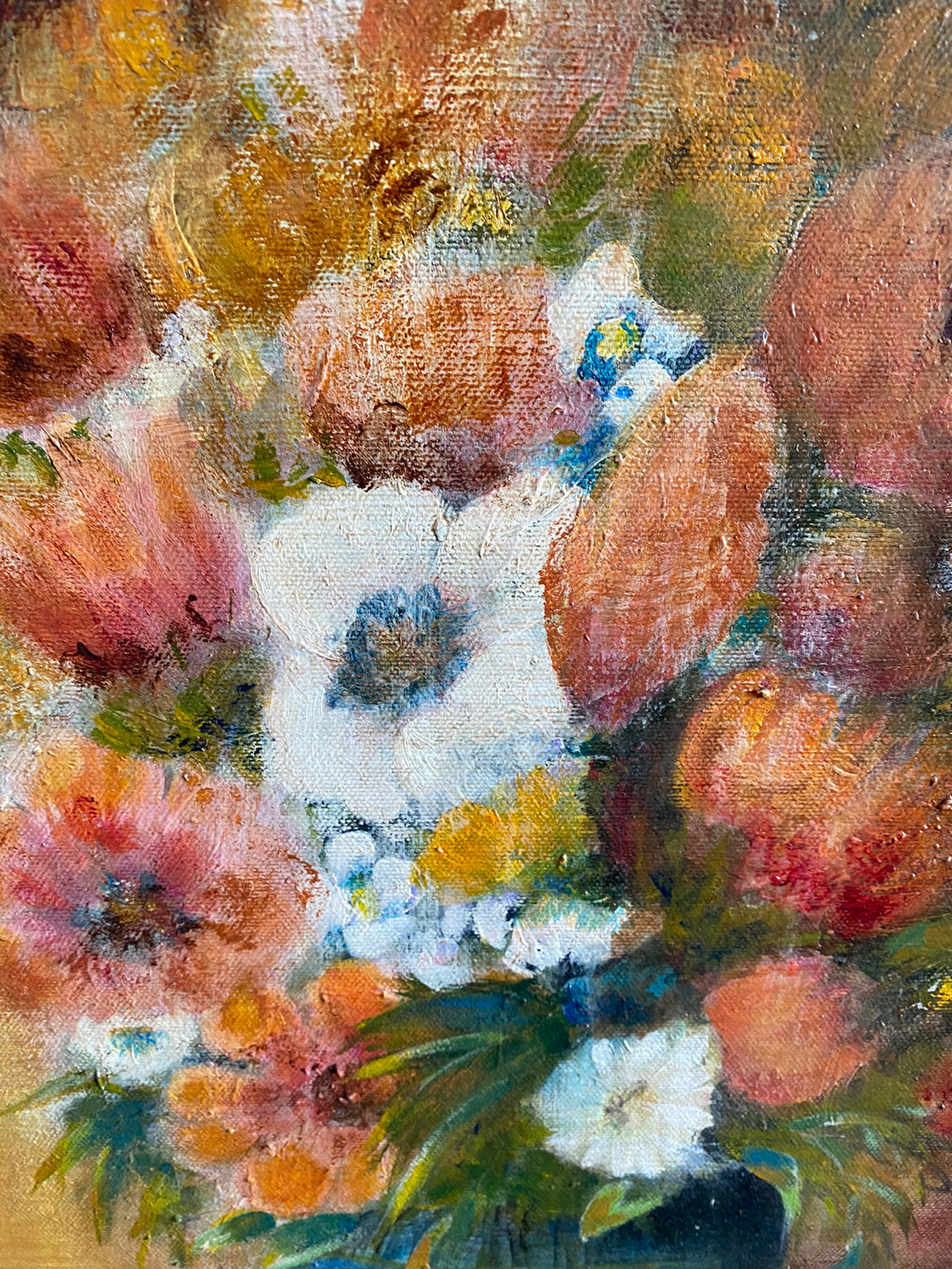 Tableau bouquet de fleurs fond orangé signé M.Caillet
