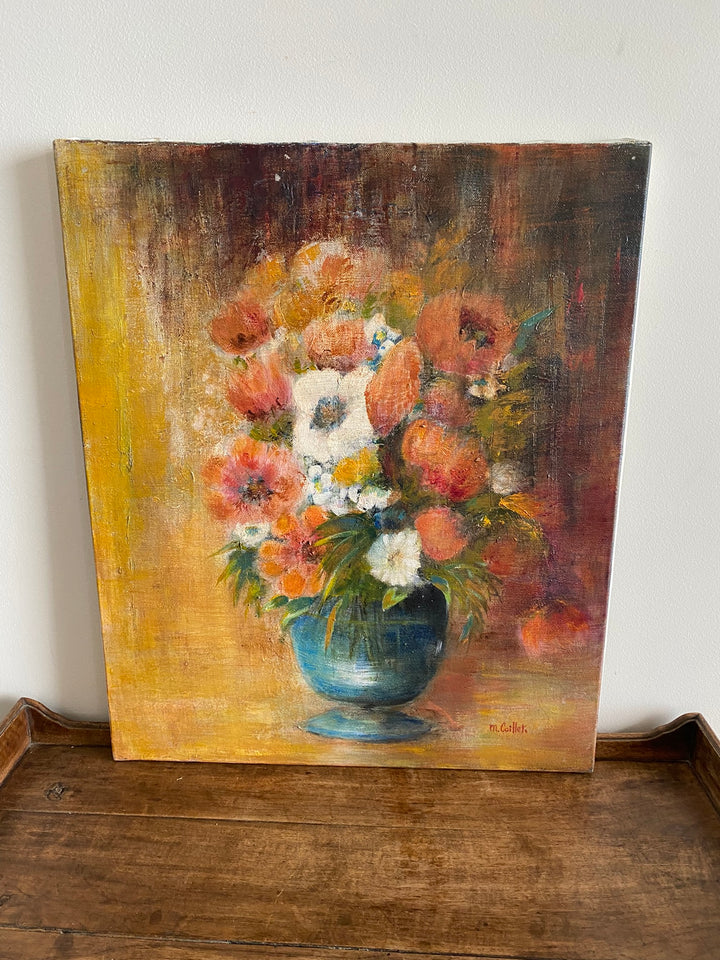 Tableau bouquet de fleurs fond orangé signé M.Caillet