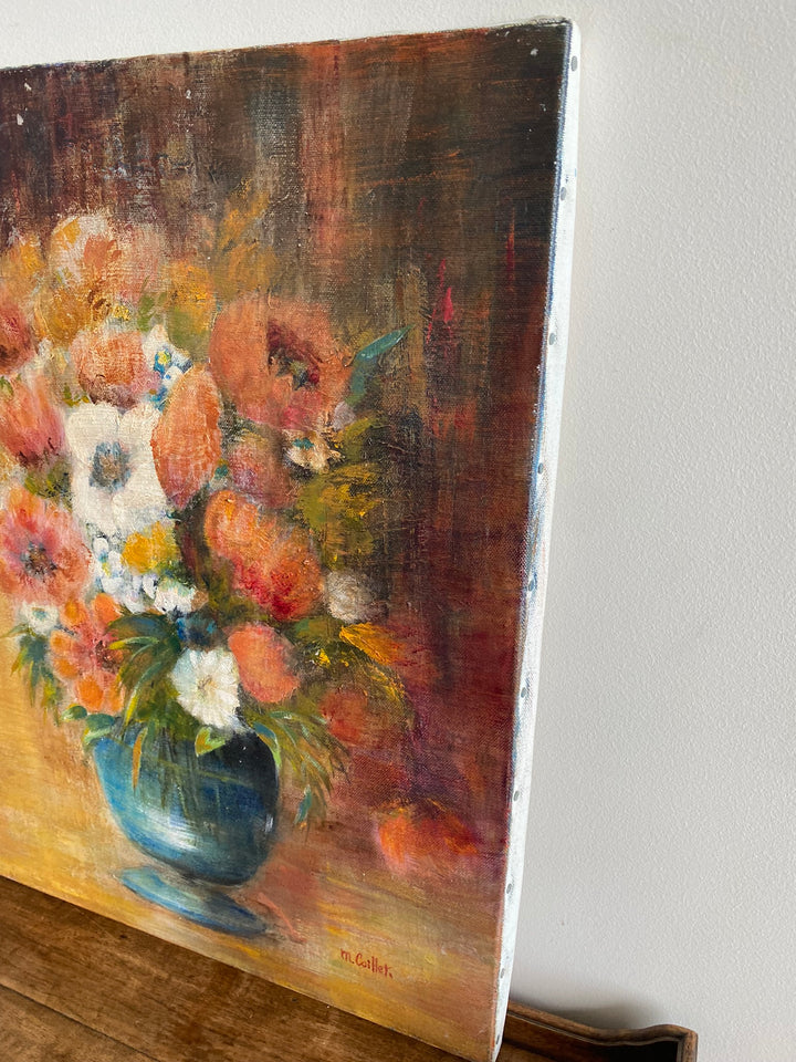 Tableau bouquet de fleurs fond orangé signé M.Caillet