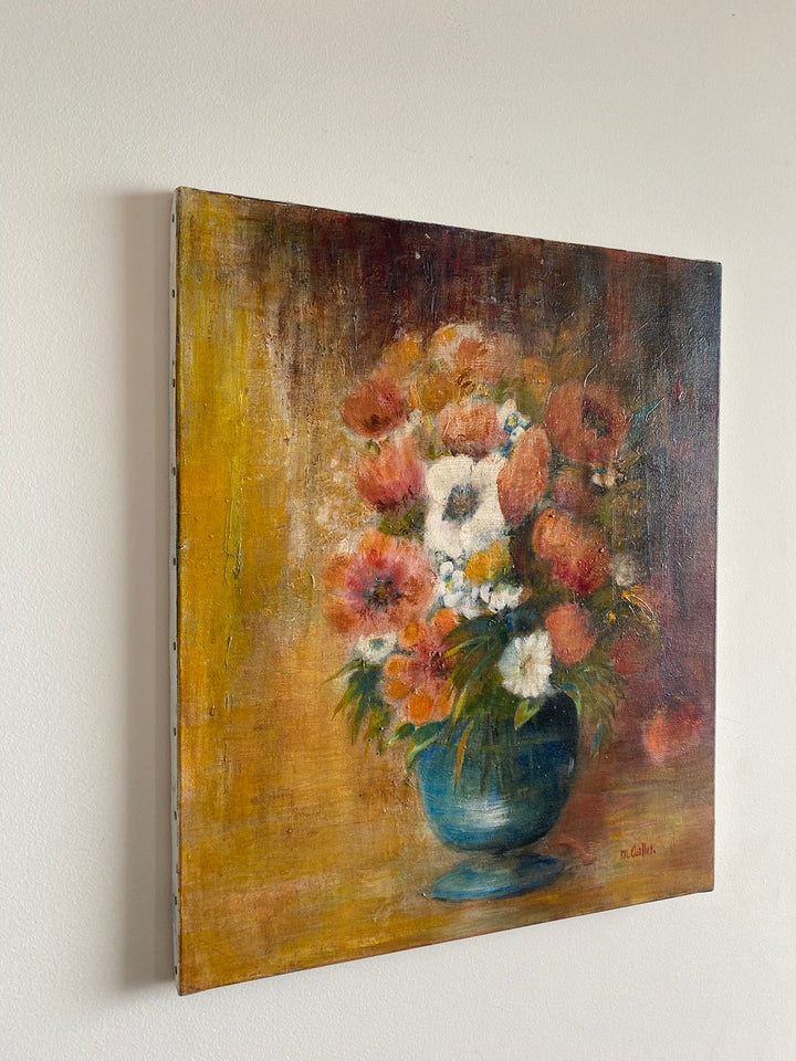 Tableau bouquet de fleurs fond orangé signé M.Caillet