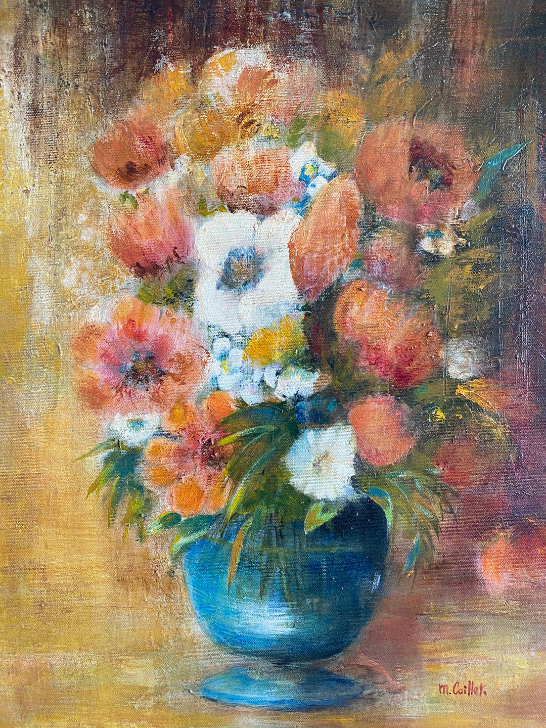 Tableau bouquet de fleurs fond orangé signé M.Caillet
