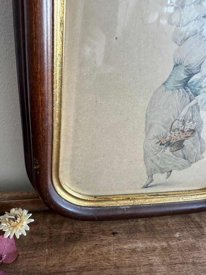 Gravure jeune fille aux fleurs cadre aux bord arrondis