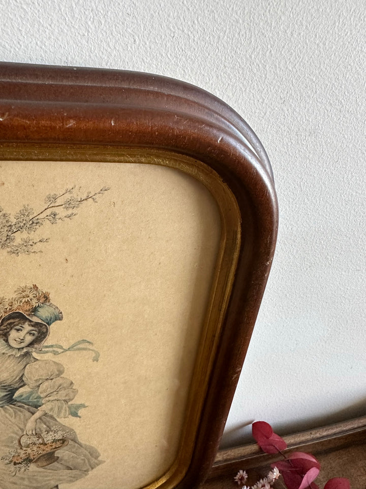 Gravure jeune fille aux fleurs cadre aux bord arrondis