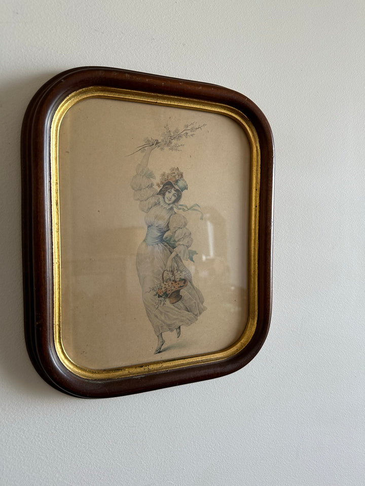 Gravure jeune fille aux fleurs cadre aux bord arrondis