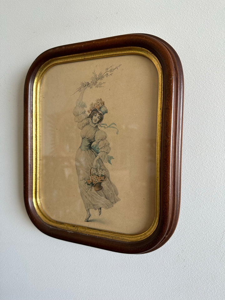 Gravure jeune fille aux fleurs cadre aux bord arrondis