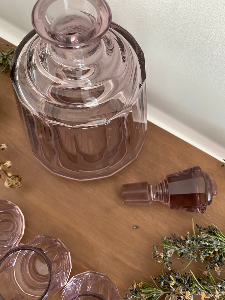 Set à liqueur violine en verre rétro