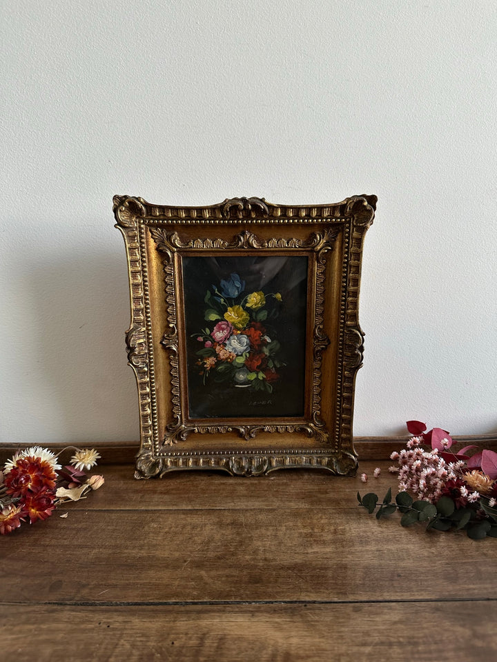 Peinture sur cuivre signée bouquet de fleurs bleues et jaunes