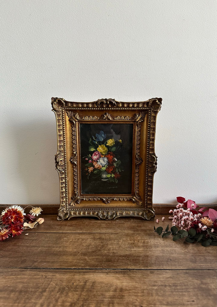 Peinture sur cuivre signée bouquet de fleurs bleues et jaunes