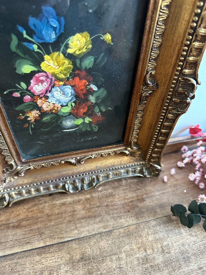 Peinture sur cuivre signée bouquet de fleurs bleues et jaunes