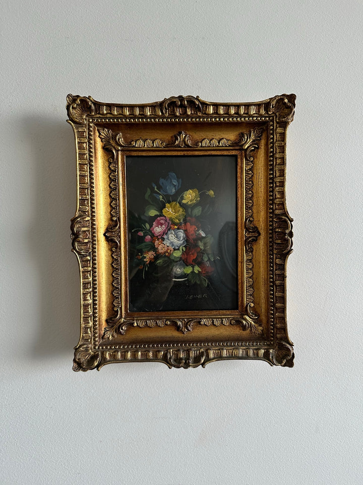 Peinture sur cuivre signée bouquet de fleurs bleues et jaunes