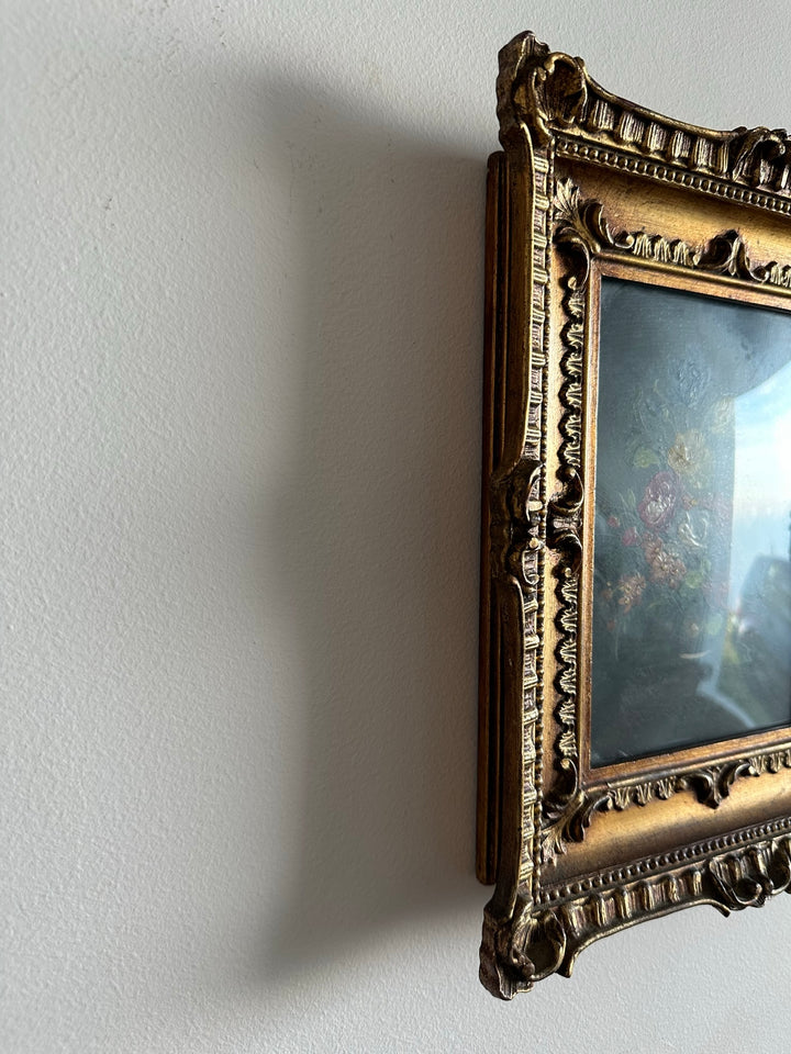 Peinture sur cuivre signée bouquet de fleurs bleues et jaunes