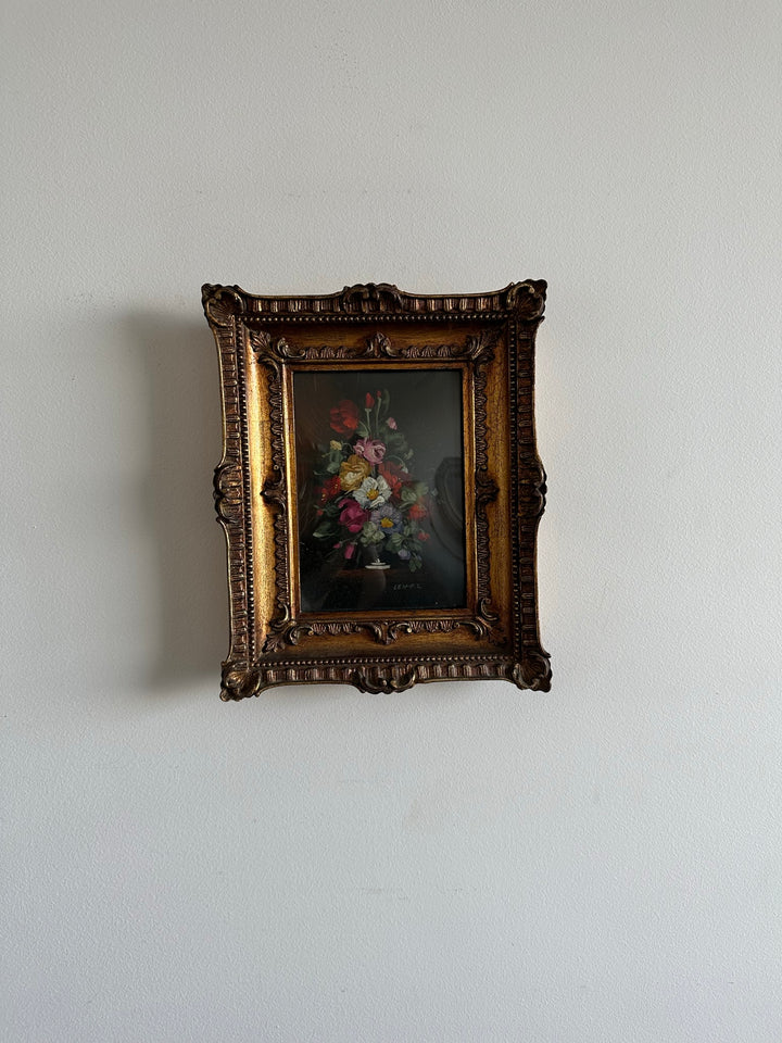 Peinture sur cuivre signée bouquet de fleurs roses et rouges