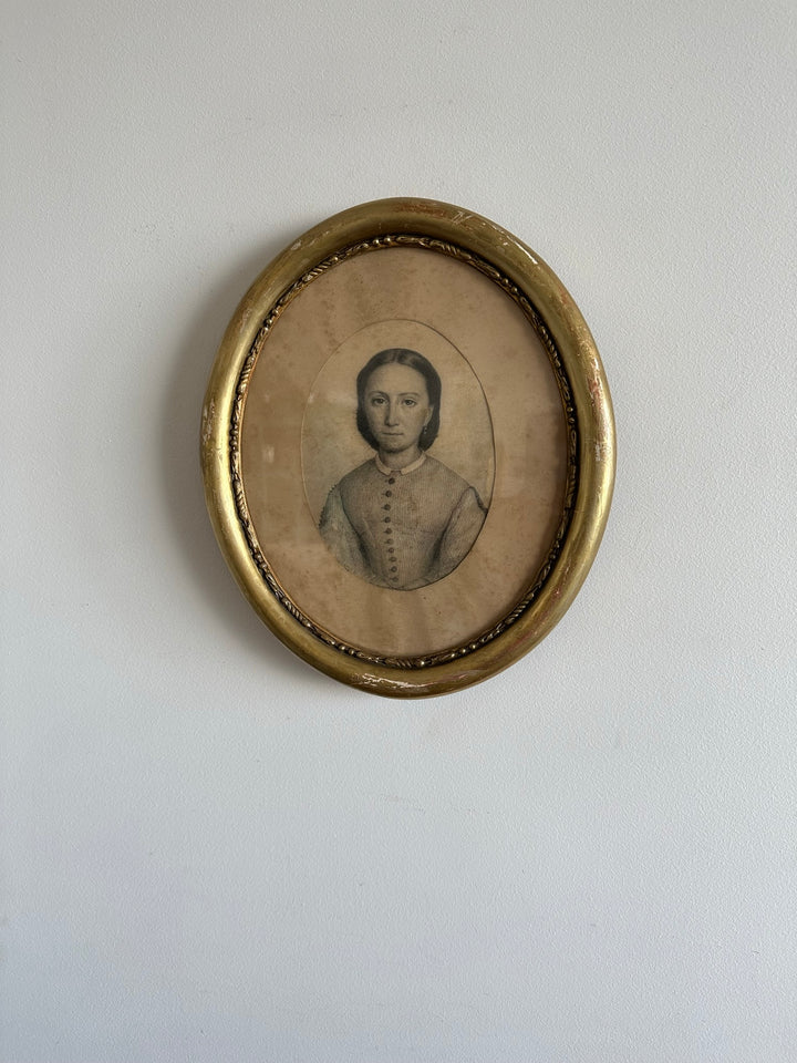 Portrait de jeune fille dans cadre en bois oval 1880