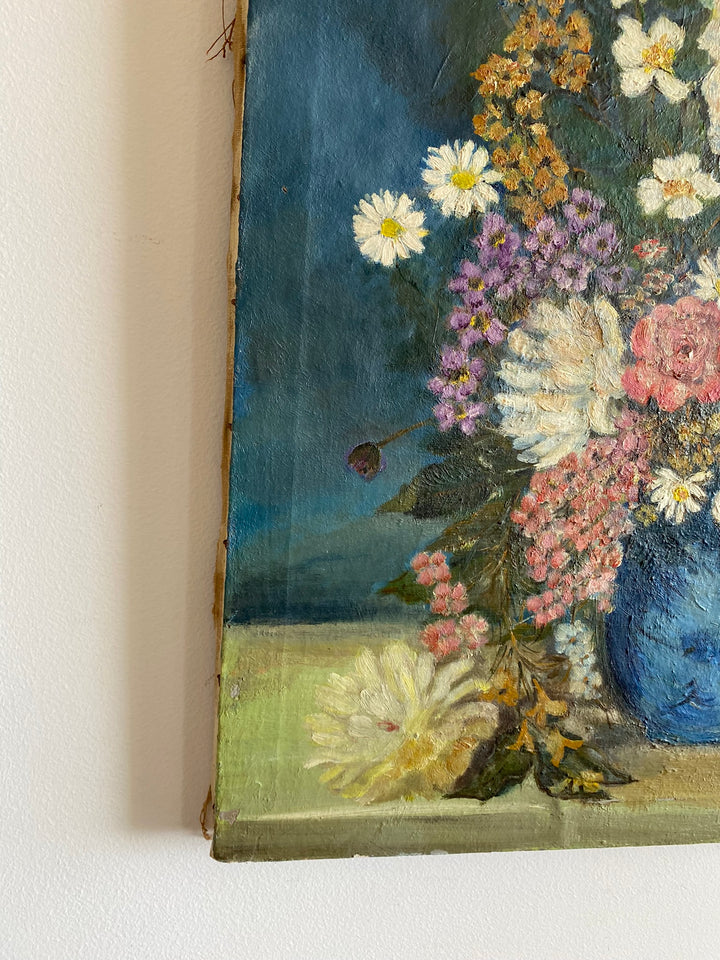 Peinture sur toile signée bouquet de fleurs tons bleus
