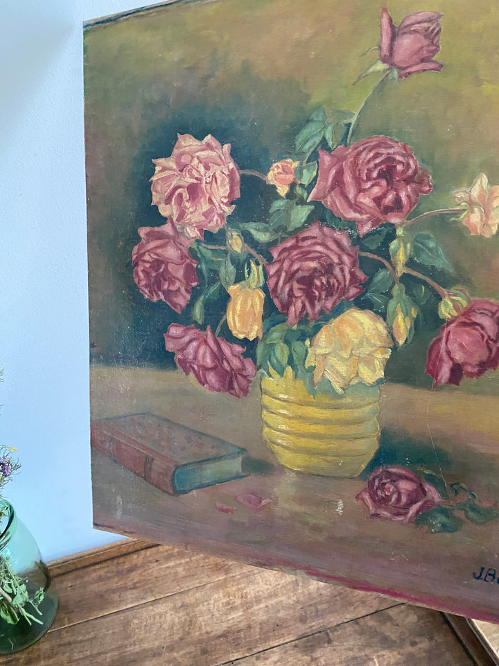 Peinture sur bois années 50 Nature morte signée