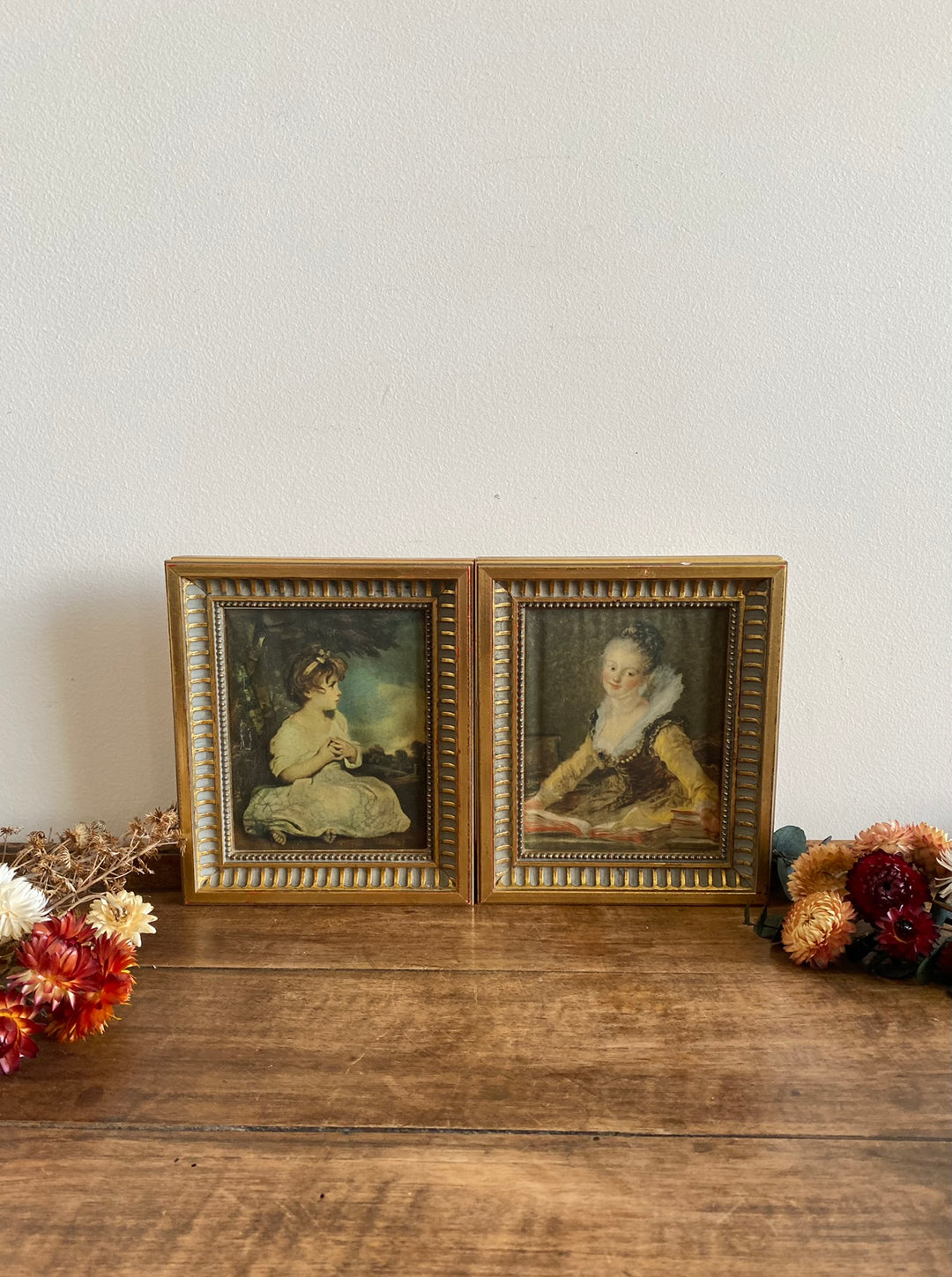 Représentation Fragonard et Reynolds sur tissu cadre doré rectangulaire