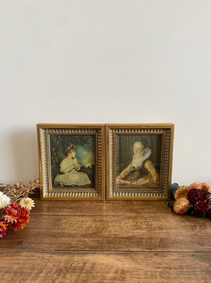 Représentation Fragonard et Reynolds sur tissu cadre doré rectangulaire