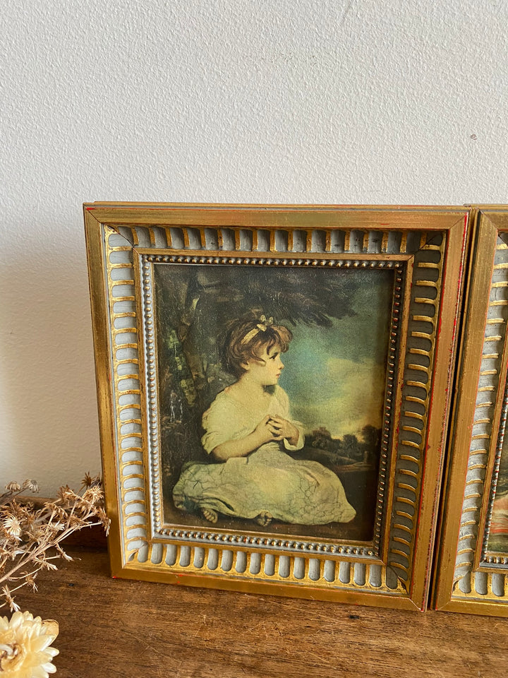 Représentation Fragonard et Reynolds sur tissu cadre doré rectangulaire