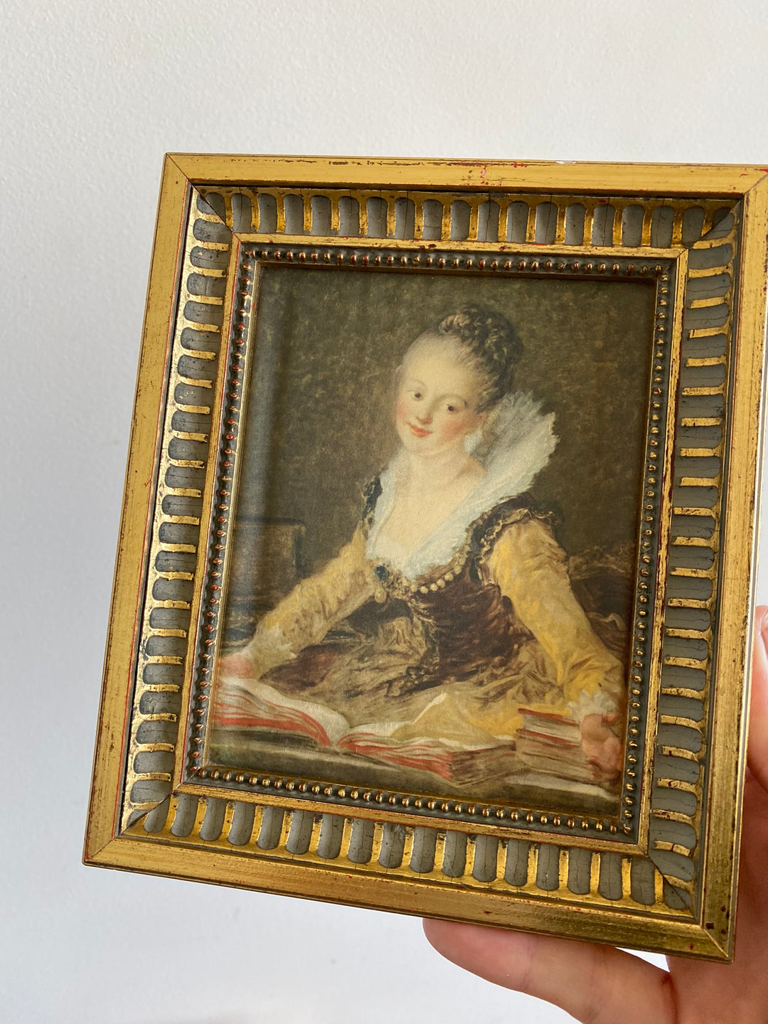 Représentation Fragonard et Reynolds sur tissu cadre doré rectangulaire