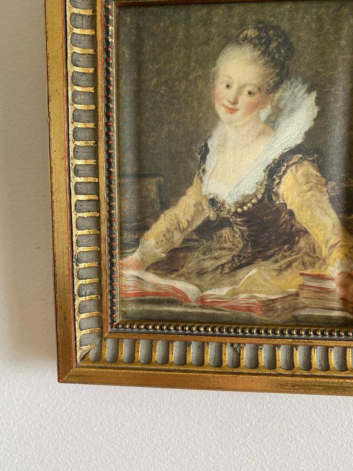 Représentation Fragonard et Reynolds sur tissu cadre doré rectangulaire