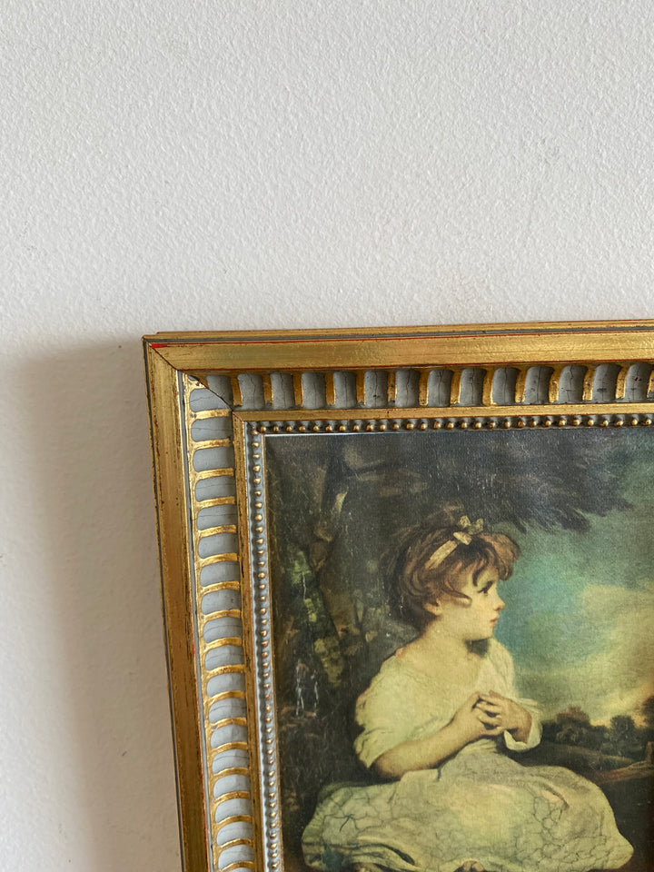 Représentation Fragonard et Reynolds sur tissu cadre doré rectangulaire