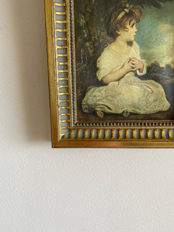 Représentation Fragonard et Reynolds sur tissu cadre doré rectangulaire