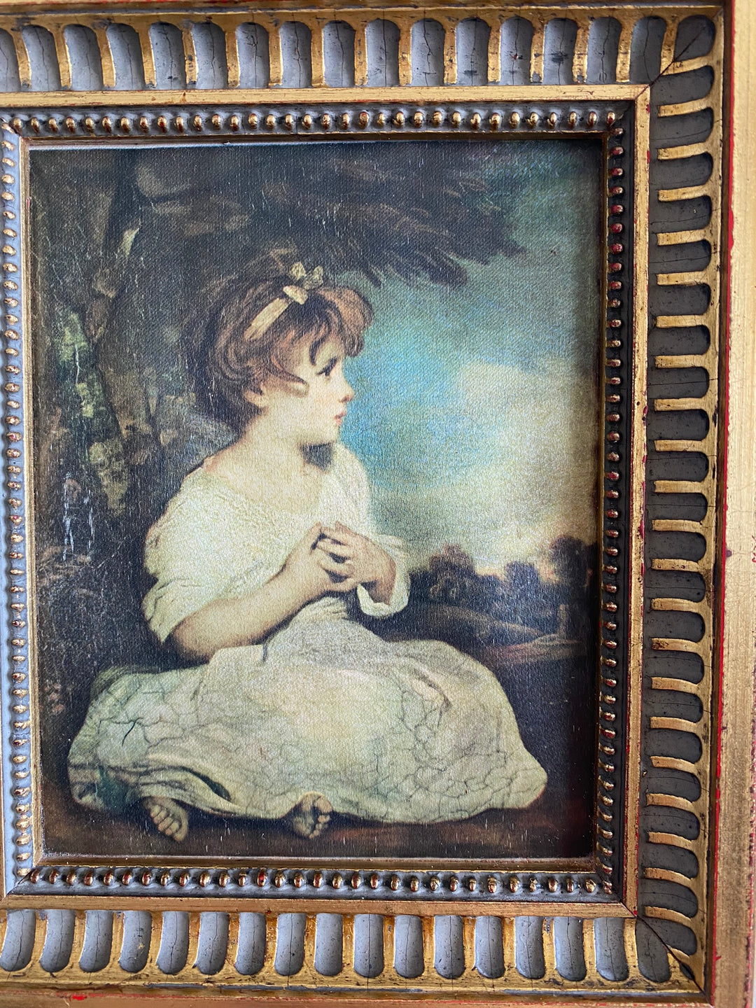 Représentation Fragonard et Reynolds sur tissu cadre doré rectangulaire