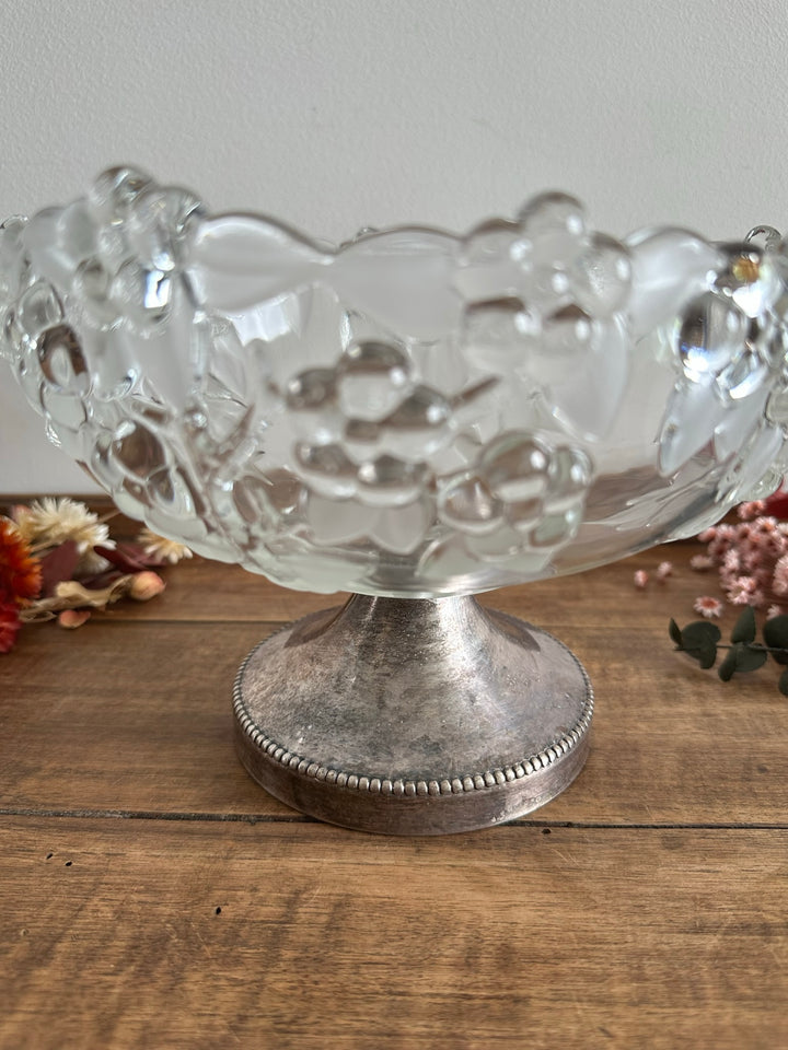 Coupe à fruits en verre givré sur pied en métal argenté