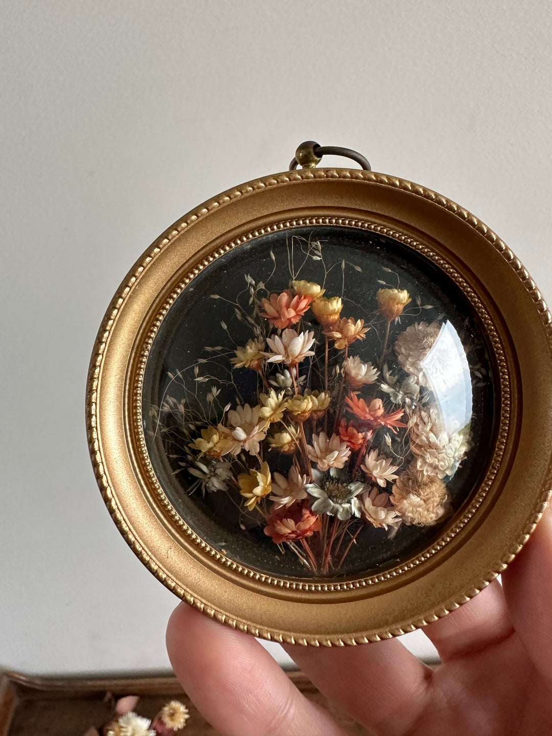Fleurs séchées sous verre dans médaillon en plastique XS
