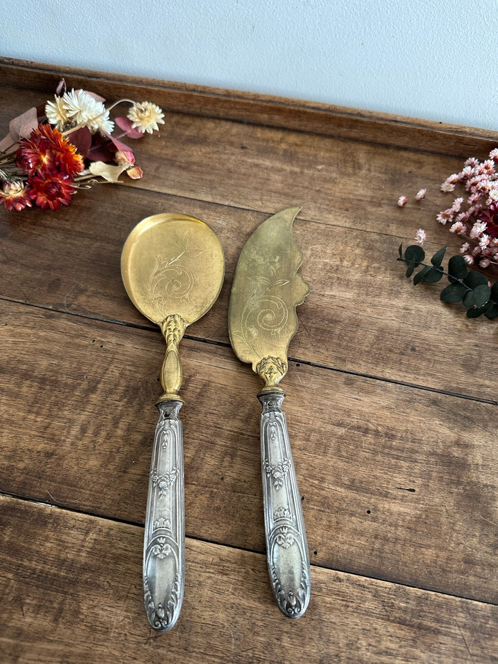 Couverts de service pelle et cuillère en argent et vermeille