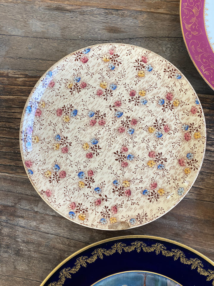 Assiettes vintages dépareillées tons roses et bleus