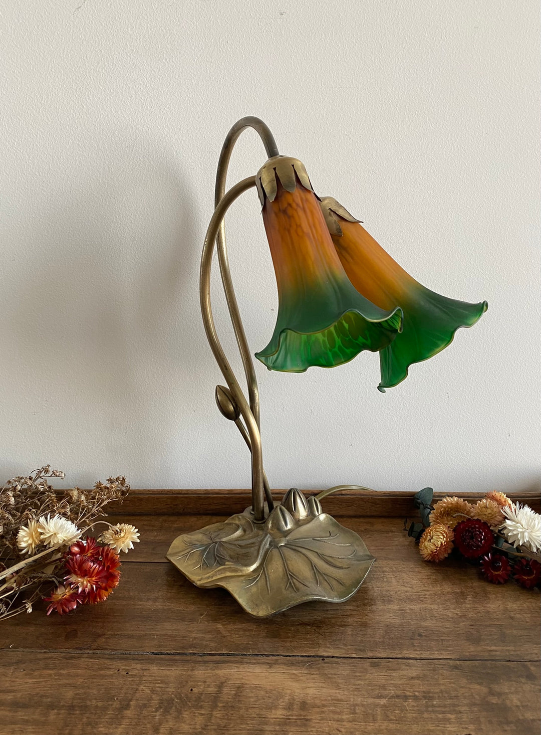 Lampe sur pied abat jour en verre orange et vert
