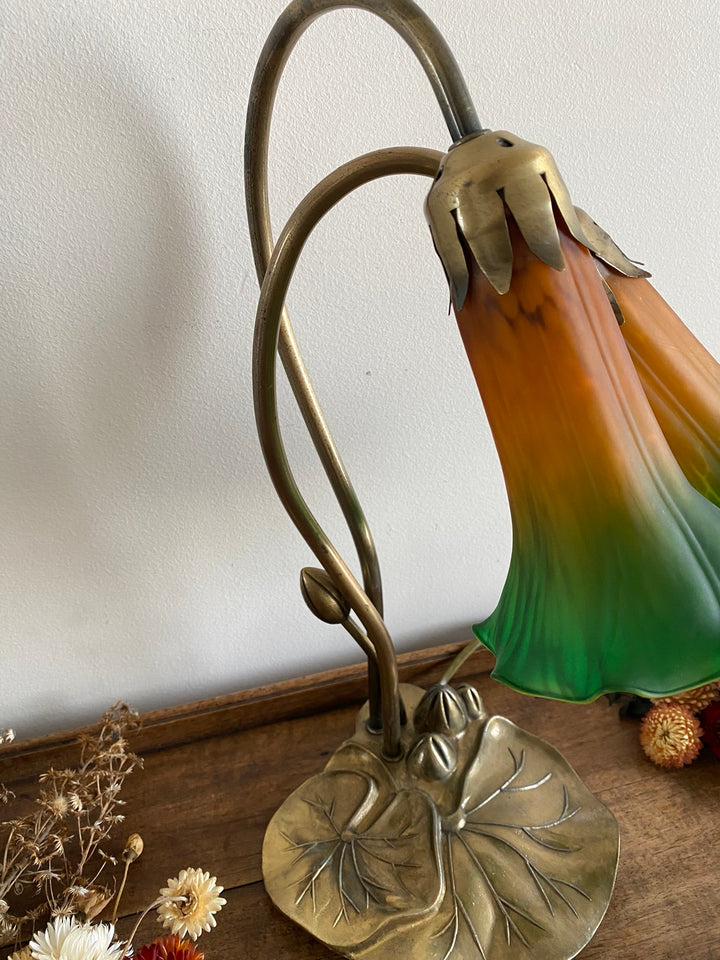 Lampe sur pied abat jour en verre orange et vert