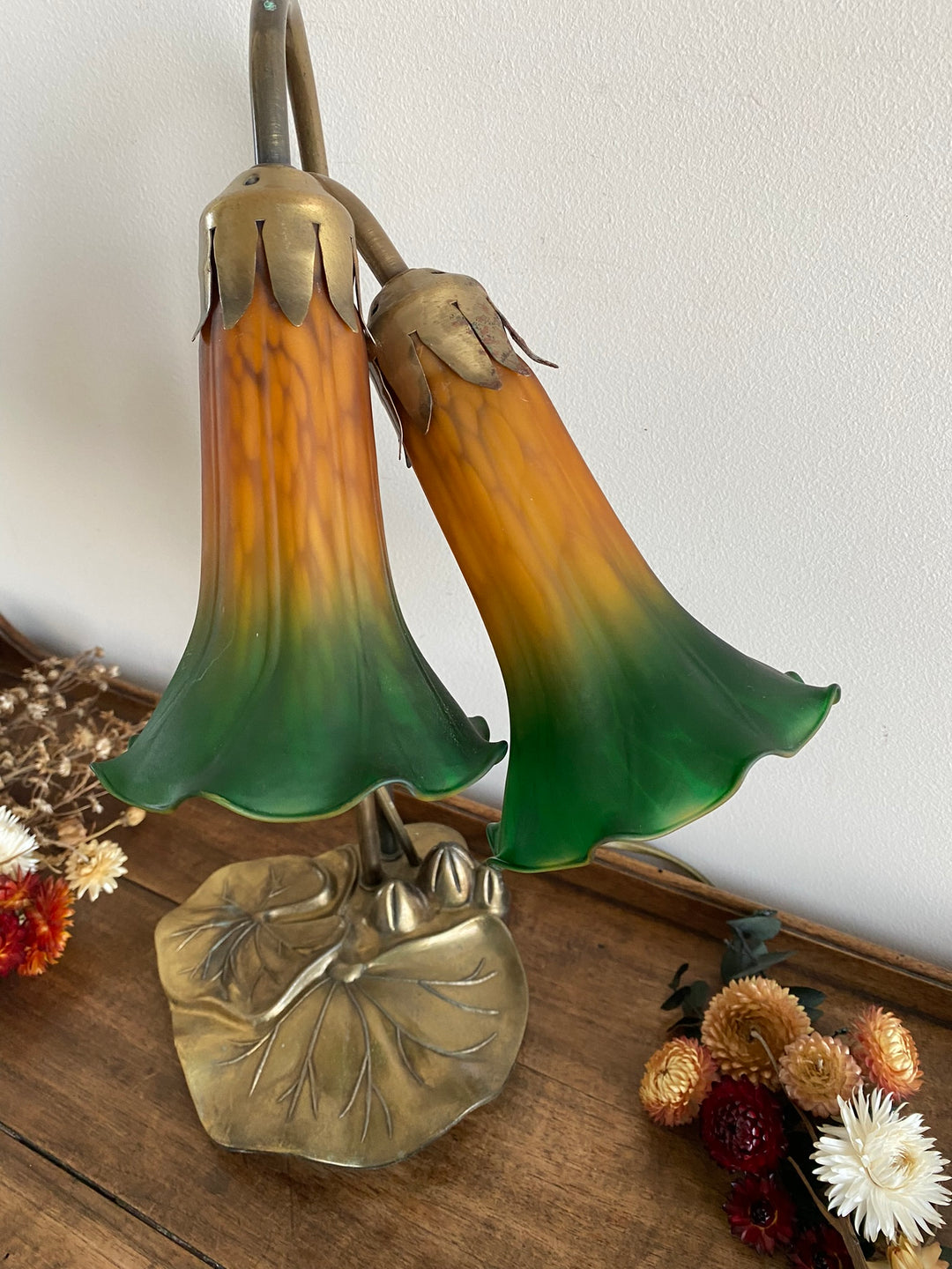 Lampe sur pied abat jour en verre orange et vert