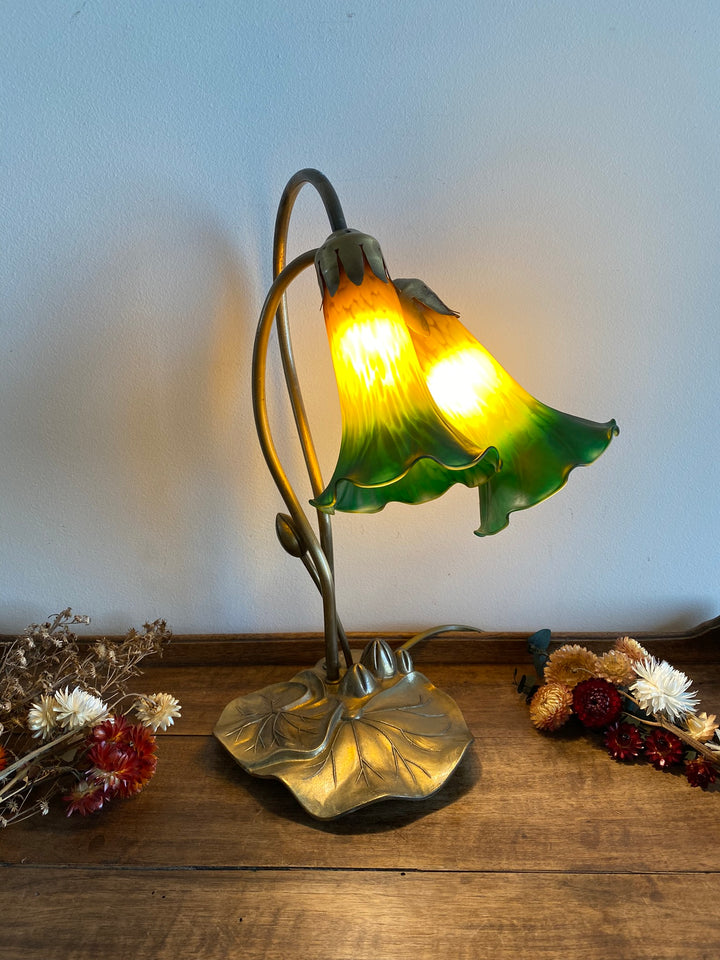 Lampe sur pied abat jour en verre orange et vert
