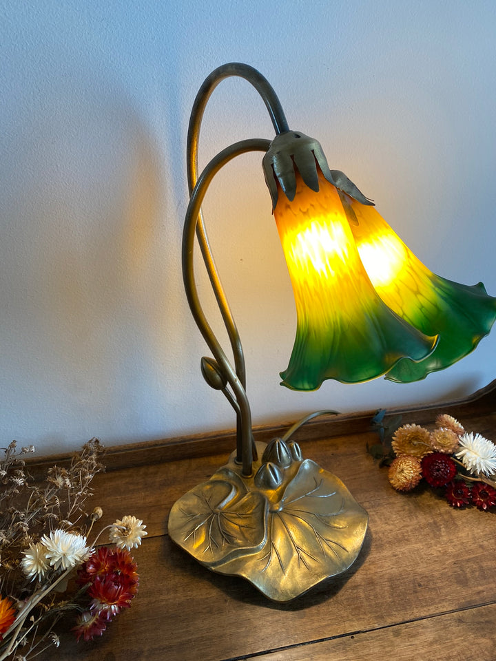 Lampe sur pied abat jour en verre orange et vert