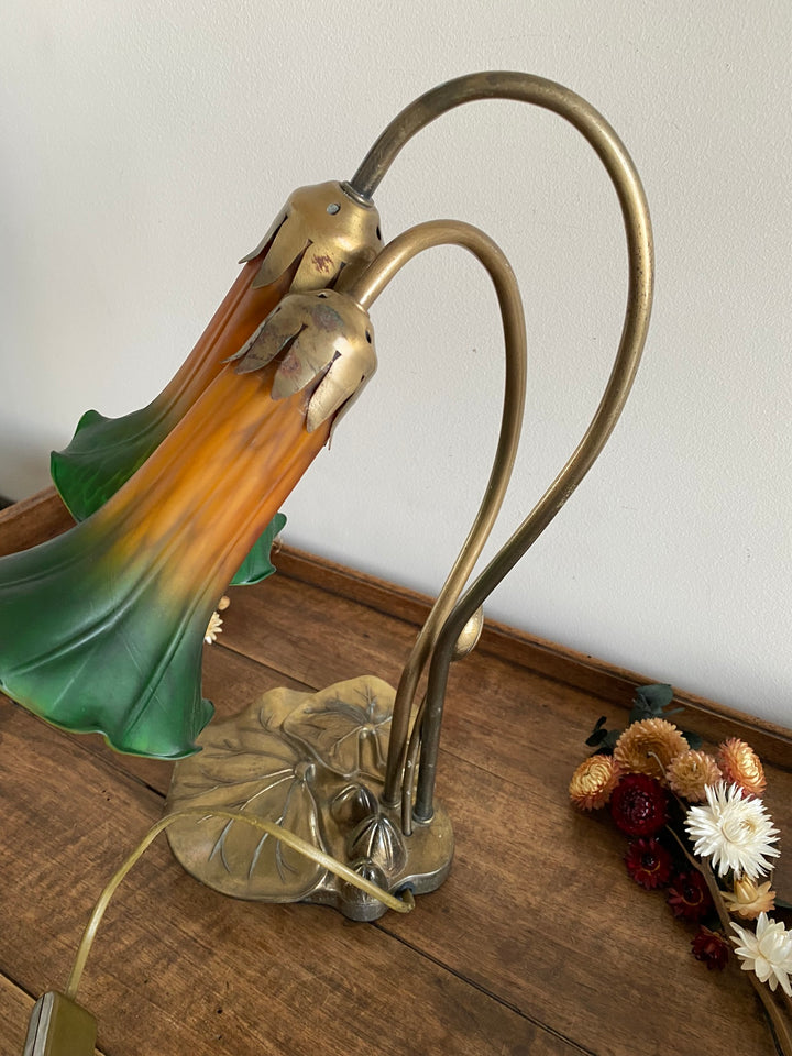 Lampe sur pied abat jour en verre orange et vert