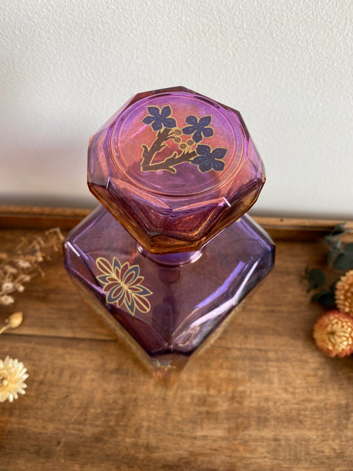 Bouteille dorée et mauve en verre décoration florale