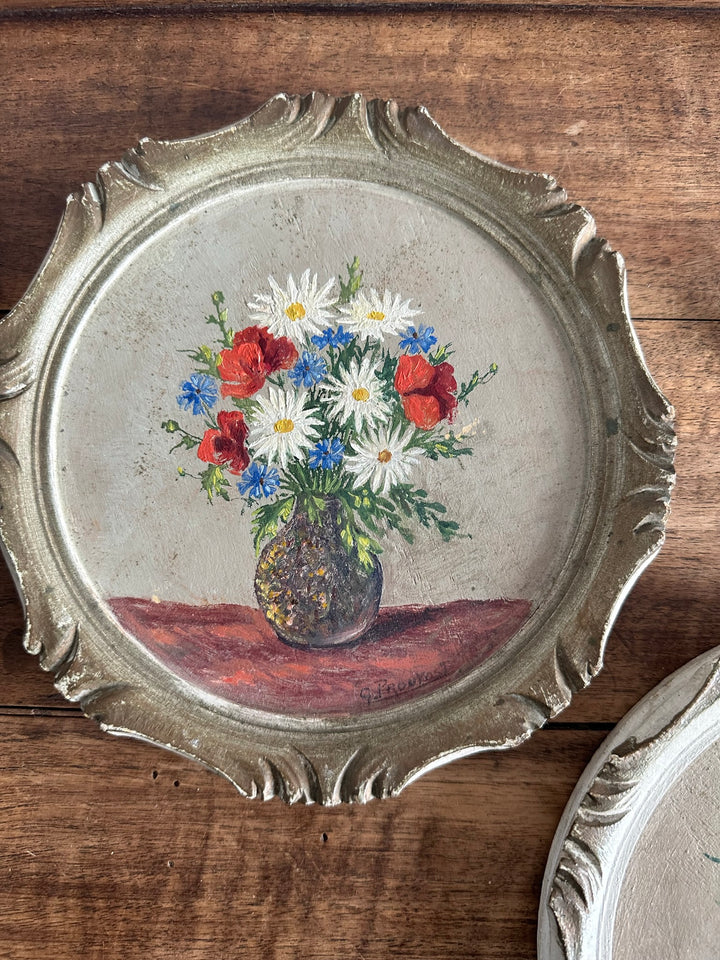 Peinture bouquet de fleurs cadre rond en bois