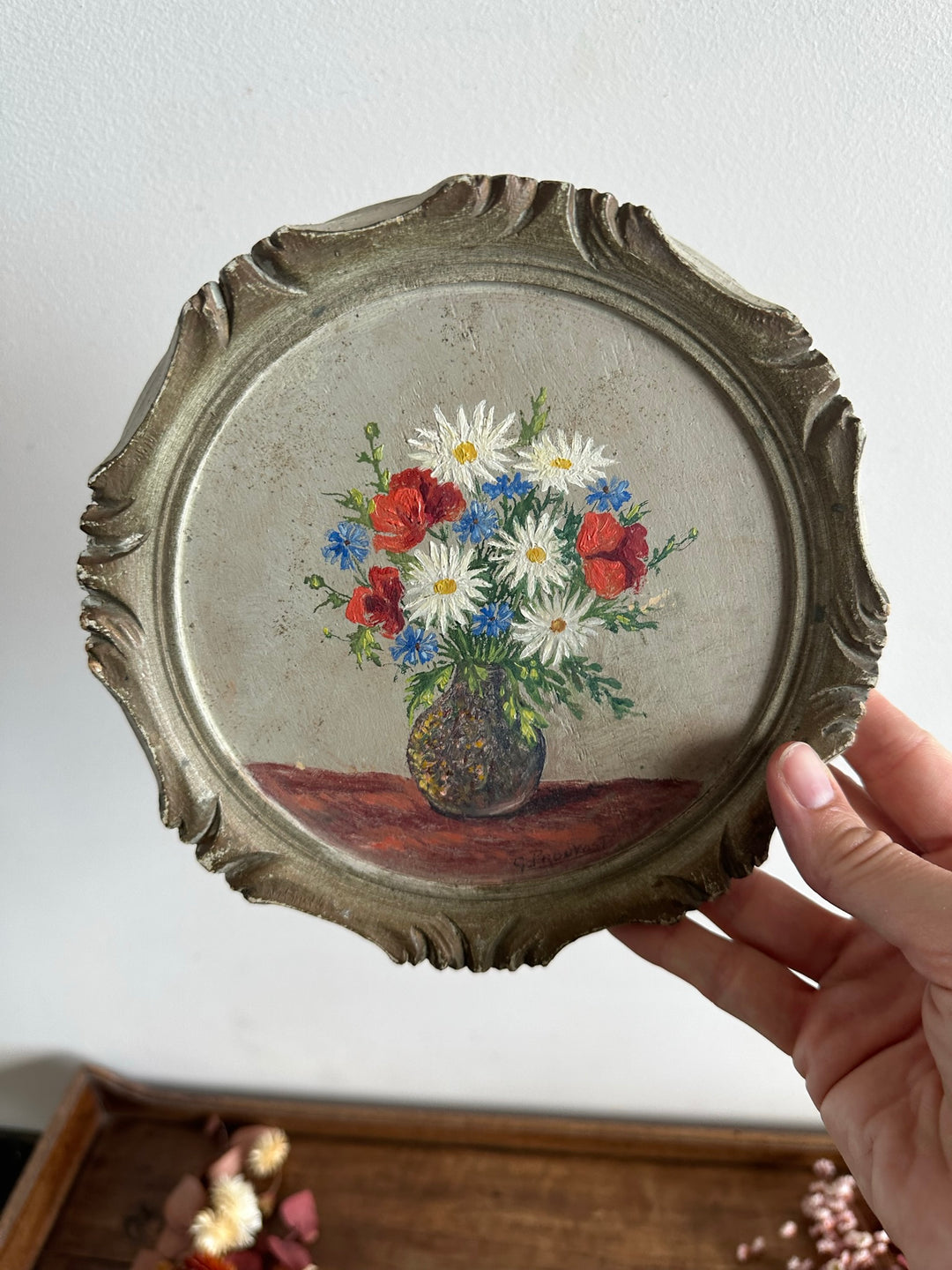 Peinture bouquet de fleurs cadre rond en bois