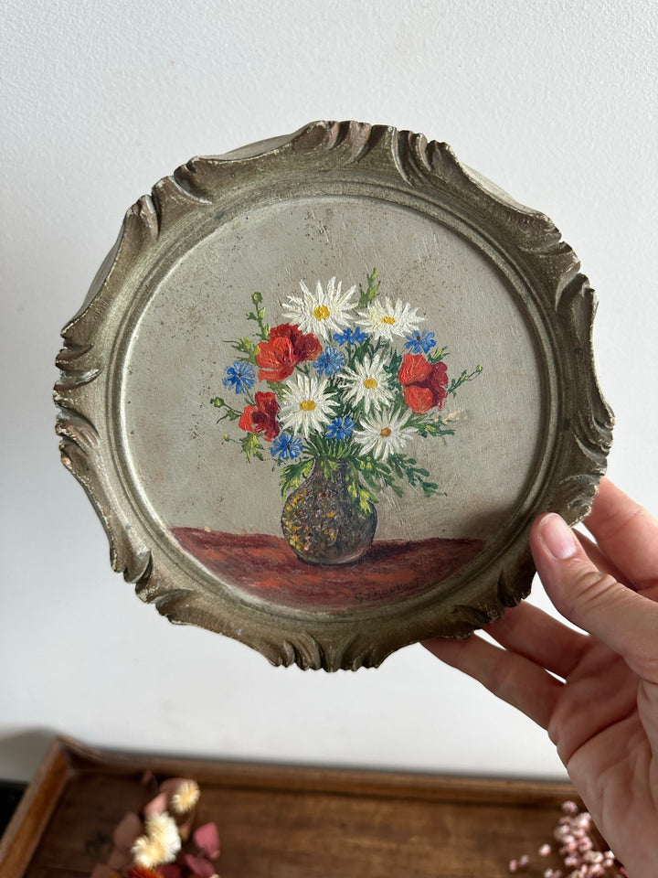 Peinture bouquet de fleurs cadre rond en bois