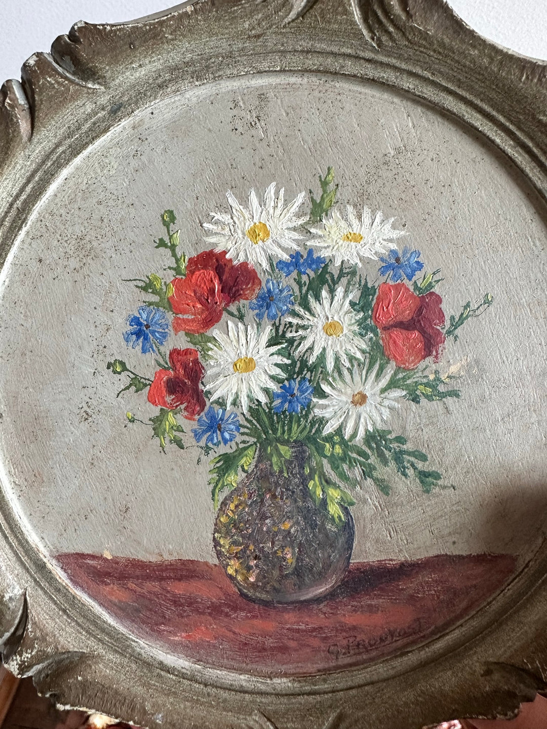 Peinture bouquet de fleurs cadre rond en bois
