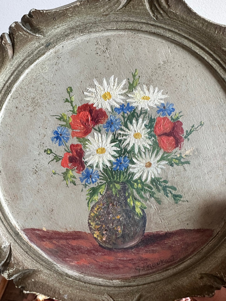 Peinture bouquet de fleurs cadre rond en bois