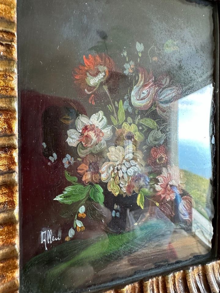 Peintures bouquets de fleurs encadrement vert et or travaillé