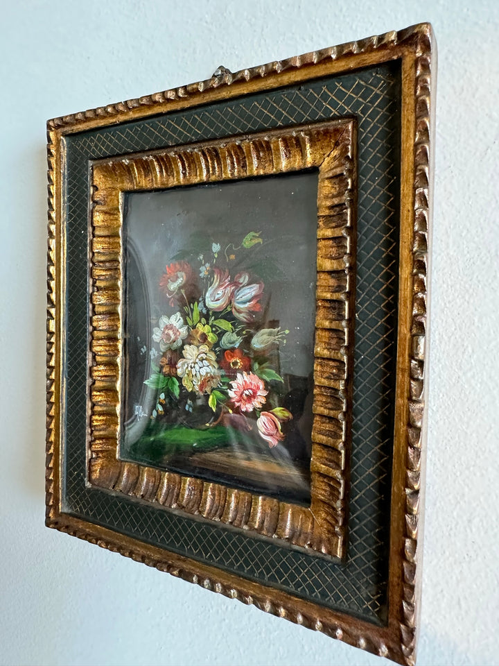 Peintures bouquets de fleurs encadrement vert et or travaillé