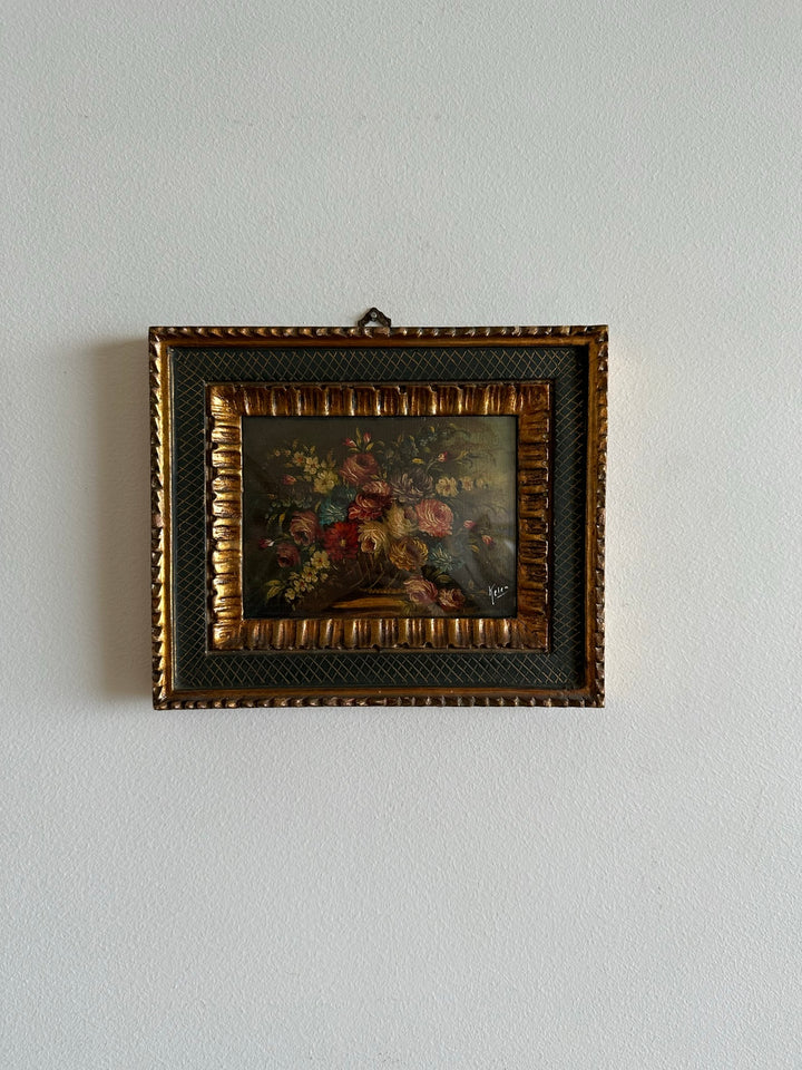 Peintures bouquets de fleurs encadrement vert et or travaillé